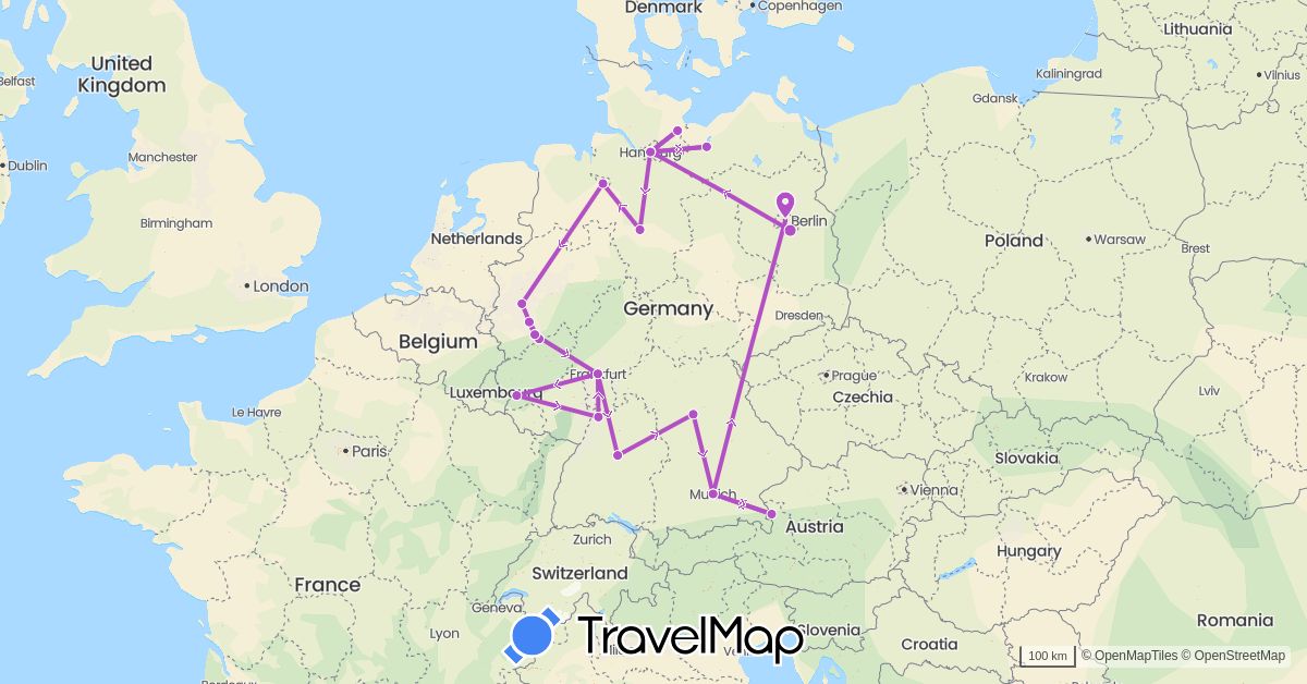 TravelMap itinerary: driving, train in Austria, Germany (Europe)
